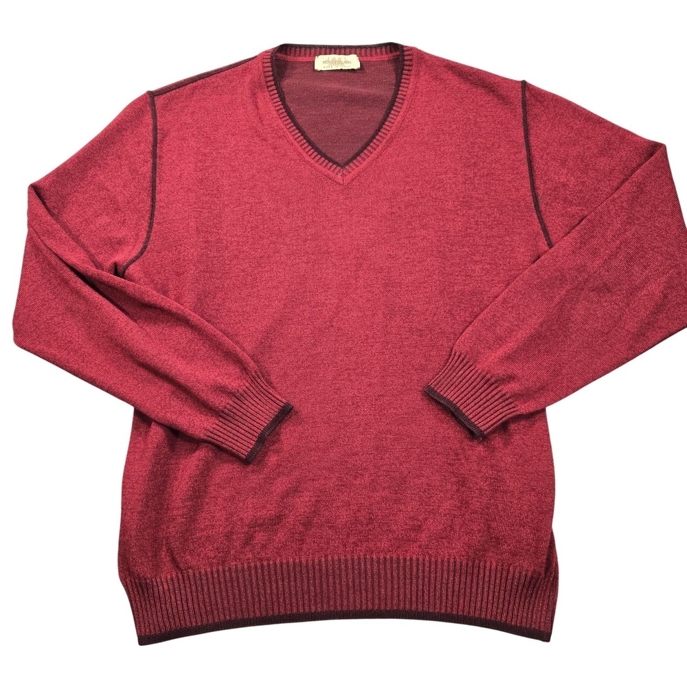 Montechiaro Sweater Mens Large Red V Neck Lightweight Knit Wool Cotton Italy